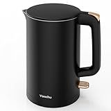 Electric Kettle, Double Wall 1.7L Stainless Steel Cool Touch, Water Boiler & Heater, 1500W Hot Tea Pot, Boil Dry Protection & Cordless Base, BPA-Free, Black