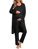Ekouaer Nursing Pajamas Maternity Robe Set 3 Pieces Postpartum Maternity Pajama Set Pregnancy Breastfeeding Pj Black Large