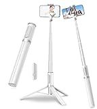 TONEOF 67" Travel Tripod,Selfie Stick,All-in-1 Phone Stand with Integrated Wireless Remote,Lightweight and Portable,Extendable for iPhone and Android(White)