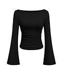 PRETTYGARDEN Womens Long Sleeve Shirts 2026 Spring Crop Going Out Tops Casual Boat Neck Bell Sleeve Ribbed Ruched Y2K Clothes (Black,Medium)