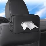 Multi-Functional Car Tissue Holder with ‌2 Storage Nets, Upgraded PU Leather Tissue Box Cover, Large Rectangle Napkin Organizer Fit for 100-160 Regular Size Tissues, Keep Car Tidy, Black