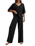 Ekouaer Pajama Sets for Women Short Sleeve Tops and Long Pants Soft Pjs Sleepwear 2 Piece Lounge Set Tracksuit,Black,XXL