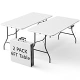 2 Pack Folding Table 6ft - Heavy Duty Plastic Table with Handle, Foldable & Portable, Fold-in-Half Utility Tables for Outdoor, Dining, Wedding, Events, Indoor, Picnic, Camping, Party(White)