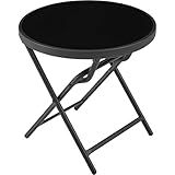 Yaheetech Outdoor Folding Side Table, Round Patio Folding End Table with Silk Tempered Glass Tabletop, Portable Small Garden Bistro Table for Garden Balcony Porch Deck, Black