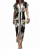 CHICME Summer Dresses for Women Floral Print Plunge V Neck Midi Dress Casual Ruched Slit Bodycon Party Dress Black-L