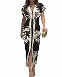 CHICME Summer Dresses for Women Floral Print Plunge V Neck Midi Dress Casual Ruched Slit Bodycon Party Dress Black-L