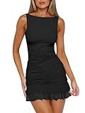HOCILLE Women's Sexy Bodycon Boat Neck Mini Dresses Sleeveless Ruched Ruffle Hem Club Party Short Dress, Small, Black