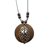 KIFEDSLJ Wooden Pendant Necklace with Owl Leaf Elephant Flower Handmade Vintage Bronze Leaf Long Leather Chain Sweater Necklace for Women