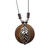 KIFEDSLJ Wooden Pendant Necklace with Owl Leaf Elephant Flower Handmade Vintage Bronze Leaf Long Leather Chain Sweater Necklace for Women-leaf