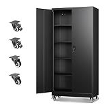 Letaya Metal Garage Storage Cabinets with Wheels,Steel Tool Cabinets Lock Door and Adjustable Shelves for Home,Office,Warehouse Organisieren (Black, 74.41" H)