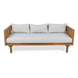 Christopher Knight Home Tina Outdoor 3 Seater Acacia Wood Daybed, Teak Finish, Light Grey