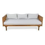 Christopher Knight Home Tina Outdoor 3 Seater Acacia Wood Daybed, Teak Finish, Light Grey