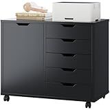 DUMOS 5 Drawer File Cabinet Office Drawers Organizer with Wheels Rolliing, Under Desk Cabinets with Shelves and Door Printer Stand with Wood Board Metal Frame for Home Office Storage Craft Room, Black