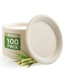 Goodluck 9 Inch Natural Compostable Sugarcane Paper Plates,100 Pack