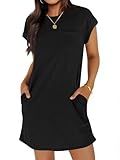 Wenrine Women's Summer T Shirt Dress Casual Short Sleeve Crewneck Loose Fit Mini Dresses with Pockets Black