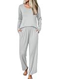 Ekouaer Womens Pajama Set Ribbed Knit Pjs 2 Piece Lounge Set Long Sleeve Top and Pants Comfy Sleepwear with Pockets Light Grey