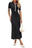 MEROKEETY Women's V Neck Ribbed Knit Maxi Dress Button Short Sleeve Slim Fit Bodycon Sweater Dress, Black, Medium