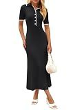 MEROKEETY Women's Spring Summer Ribbed Maxi Dress 2026 Bodycon V Neck Button Short Sleeve Slim Fit Knit Sweater Dresses, Black, Small