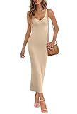 MEROKEETY Womens Summer Bodycon Knit Midi Dress 2026 Spring Beach Vacation V Neck Casual Sleeveless Ribbed Sweater Dresses,Apricot,S