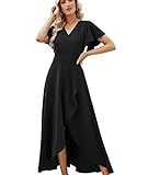 Long Black Formal Dresses for Women Gowns Evening Party Cocktail Dress,Split Elegant V Neck Wrap Ruffle Wedding Guest Dresses Black-M