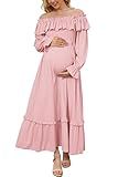 OUGES Women's Fall Baby Shower Maternity Dress Cotton Blend Off Shoulder Long Sleeve Ruffle Smocked Tiered Maxi Photoshoot Wedding Guest Formal Dresses Pregnancy Clothes 2025(Pink,M)