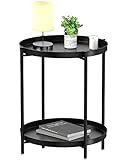 EKNITEY 2 Tier End Table - Metal Side Table Waterproof Small Sofa Coffee Side Tables Bedroom Indoor Outdoor with Removable Tray for Living Room Bedroom Balcony and Office (Black)