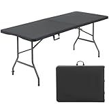 FDW 6 Foot Outdoor Dining Table, Foldable Portable Rectangular Plastic Folding Table with Built in Carrying Handle for Party and Wedding Use, Black