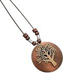 KIFEDSLJ Wooden Pendant Necklace with Owl Leaf Elephant Flower Handmade Vintage Bronze Leaf Long Leather Chain Sweater Necklace for Women (big tree)
