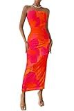 PRETTYGARDEN Women's Summer Maxi Bodycon Dresses Strapless Tube Top Printed Long Party Club Slit Dress (Orange Red Big Floral,Small)