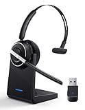 Bluetooth Headset, Wireless Headset with Microphone for PC, V5.2 Computer Headset with Noise Cancelling Mic, USB Dongle, Charging Base & Mute Button for Work, Cell Phones, Computer (Black)