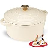 Overmont Enameled Cast Iron Dutch Oven - 7QT Pot with Lid Cookbook & Cotton Potholders - Heavy-Duty Cookware for Braising, Stews, Roasting, Sourdough Baking Cream White