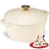 Overmont Enameled Cast Iron Dutch Oven - 5.5QT Pot with Lid Cookbook & Cotton Potholders - Heavy-Duty Cookware for Braising, Stews, Roasting, Bread Baking Cream White