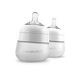 Nanobebe Flexy Silicone Baby Bottle, Anti-Colic, Natural Feel, Non-Collapsing Nipple, Non-Tip Stable Base, Easy to Clean 2-Pack, White, 5 oz