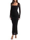 REORIA Long Sleeve Wedding Guest Maxi Dresses for Women Sheer Mesh Square Neck Ruched Bodycon Long Dress 2025 Fall Outfits Black Onyx Small
