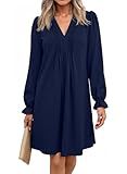 Dokotoo Ladies Long Sleeve Shirt Dresses for Women 2025 Elegant Summer Clothes Sexy V Neck Pleated Swing Solid Comfort Mini Short Dress Loose Fit Basic Navy Blue Shirt Dress Large