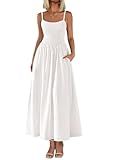PRETTYGARDEN Women's Smocked Maxi Dresses 2025 Summer Beach Sundress Casual Spaghetti Strap Swing A Line Long Flowy Dress (White,Small)