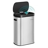 SONGMICS Motion Sensor Trash Can, 13-Gallon (50 L) Automatic Garbage Can with Soft Close Lid, Stainless Steel, Wave or Touch to Open, Includes 15 Bags, Metallic Silver and Ink Black ULTB640E01