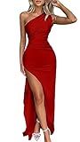 Memoriesea Women's Sexy One Shoulder Satin High Split Cocktail Wedding Party Maxi Dress Red