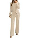ZESICA Women's 2026 Spring Two Piece Suits Set Casual Business Long Sleeve Blazer Jacket Wide Leg Pants Work Outfits Sets,Apricot,Large