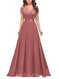 Miusol Women's Elegant V-Neck Cap Sleeve Sequined Floral Lace Formal Party Maxi Dress (X-Large, Cinnamon Pink)