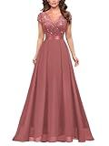 Miusol Women's Elegant V-Neck Cap Sleeve Sequined Floral Lace Formal Party Maxi Dress (X-Large, Cinnamon Pink)