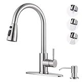 WOWOW Kitchen Faucet with Soap Dispenser, Stainless Steel Pull Down Faucet Brushed Nickel Utility Faucet Single Handle High Arc Kitchen Tap for Sink, RV, Laundry, Bar