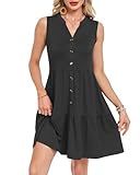 MOLERANI Women Summer Sundress Sleeveless V Neck Short Dress Petite Button Down Tiered Beach Vacation Dresses with Pockets Comfy,Black,M