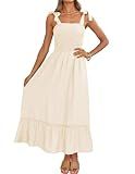 ZESICA Women's 2025 Summer Boho Spaghetti Strap Square Neck Solid Color Ruffle A Line Beach Long Maxi Dress,Apricot,Small