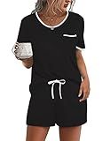 Ekouaer Pajama Set for Women 2 Piece Lounge Set Short Sleeve Tops and Shorts Soft Sleepwear, Chest Pocket Black
