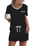 Ekouaer Pajamas for Womens Set 2 Piece Soft Sleepwear, Chest Pocket Black
