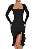 BORIFLORS Women's Sexy Ruched Bodycon Midi Dresses Elegant Mesh Long Sleeve Square Neck Ruffle Hem Cocktail Party Dress, Large, Black