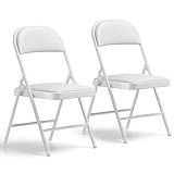 Folding Chairs 2 Pack, PU Leather Padded Folding Chairs for Outside and Indoor, Heavy Duty Portable Foldable Metal Commercial Seat for Home Office, Dorm, Party, Backyard, Lawn, Patio, White
