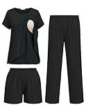 Ekouaer 3 PCS Maternity Nursing Pajamas Set Postpartum Breastfeeding Short Sleeve Shirts, Pregnancy Shorts & Pants Pjs Black L