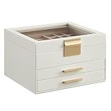 SONGMICS GISELLA Collection - Jewelry Box Organizer, 3-Layer Jewelry Storage with 2 Drawers, Shiny Metal Hardware, Glass Lid, Modern, 8 x 9.1 x 5.3 Inches, Cloud White and Gold Color UJBC239WT
